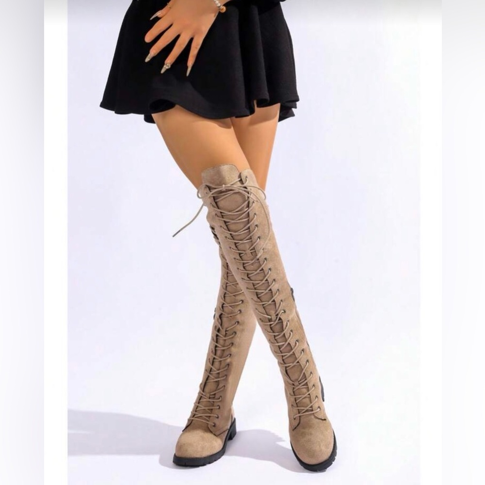SHEIN Beige Lace-Up Over-the-Knee Boots